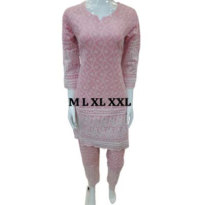 COTTON CHIKANKARI KURTI WITH PANT SET